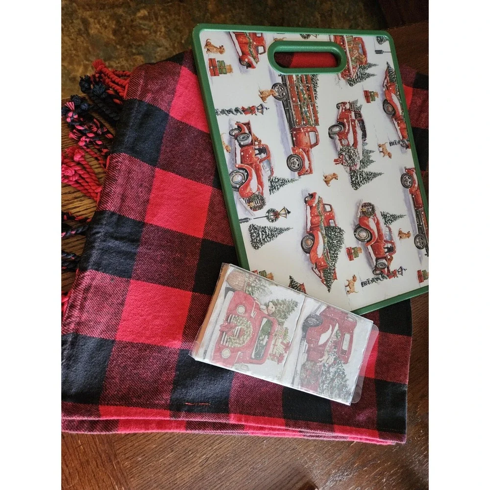 Christmas Decor Little Red Truck Kitchen pot holder, cutting board, coasters New